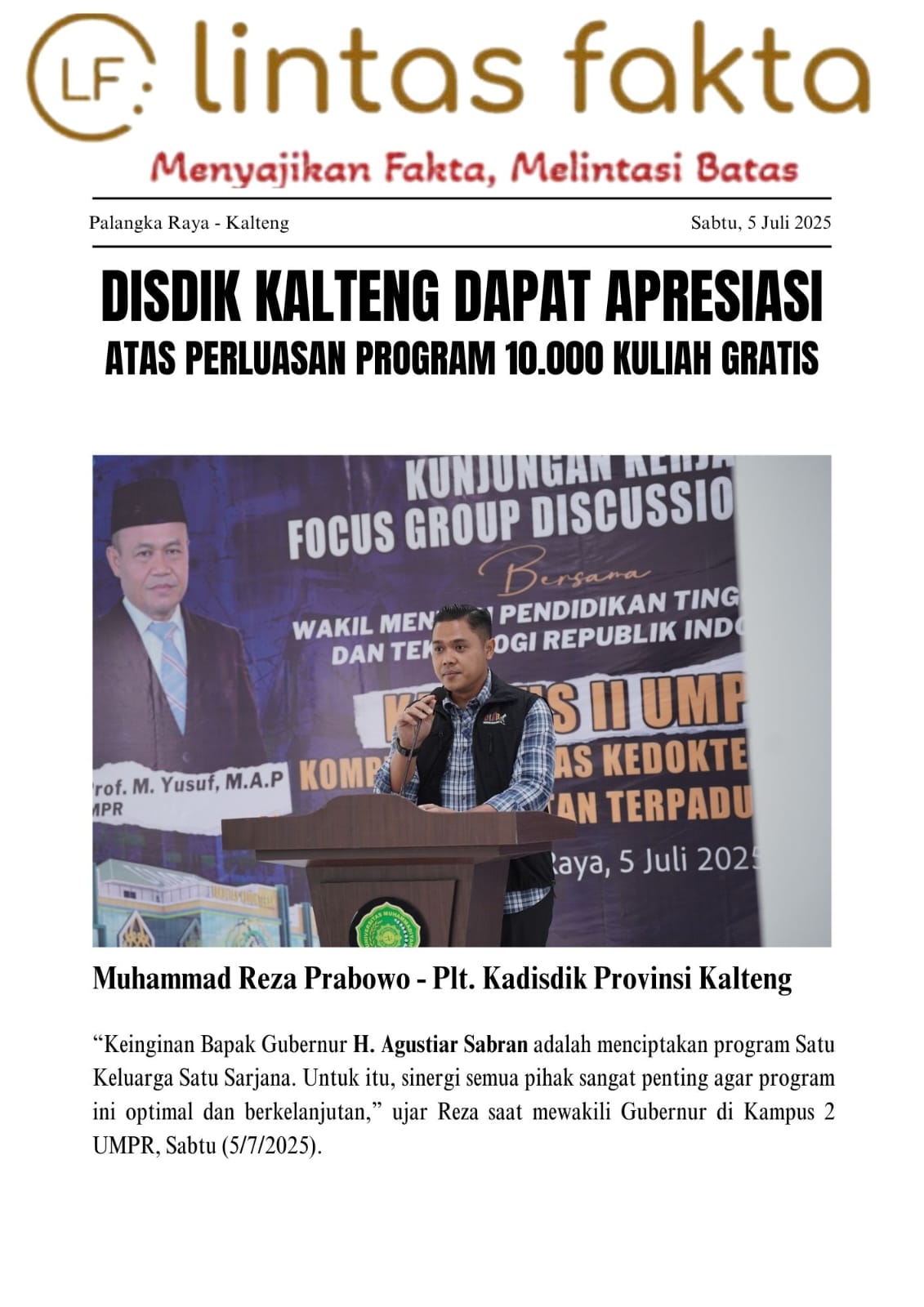 Disdik Kalteng Dapat Apresiasi atas Perluasan Program 10.000 Kuliah Gratis ke 32 Perguruan Tinggi