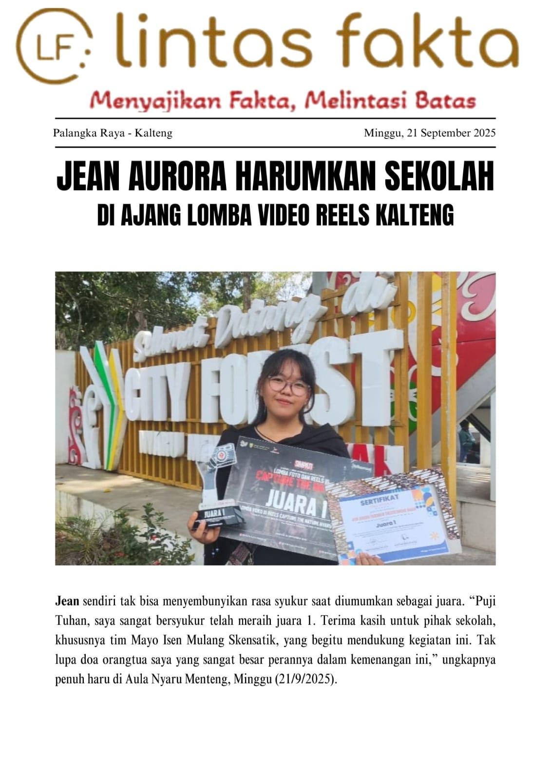 Jean Aurora Harumkan Sekolah di Ajang Lomba Video Reels Kalteng
