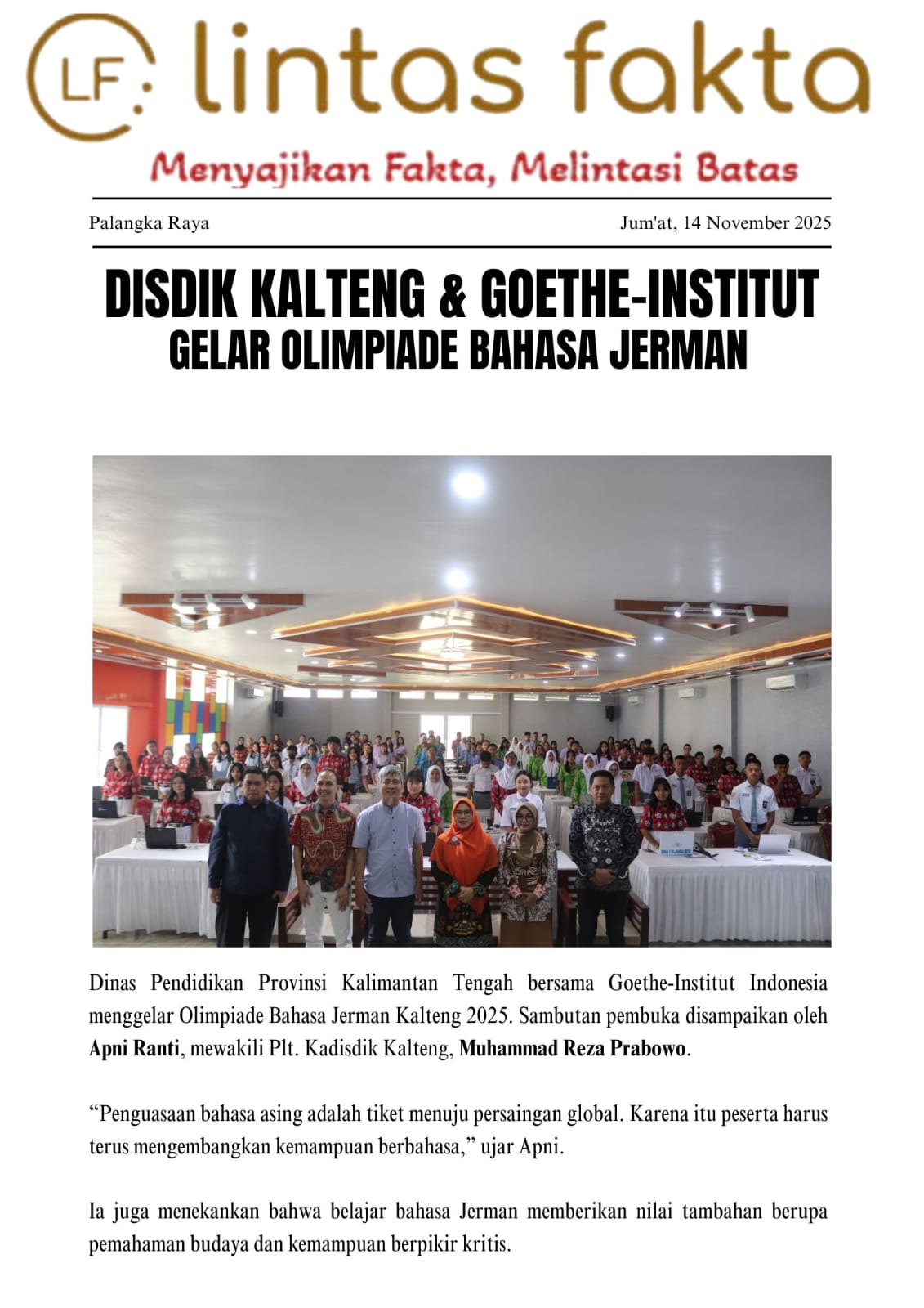Disdik Kalteng dan Goethe-Institut Gelar Olimpiade Bahasa Jerman, 115 Siswa Ambil Bagian