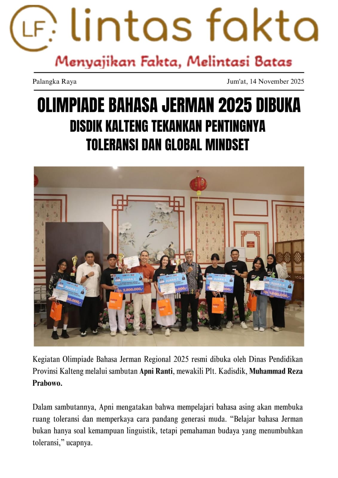 Olimpiade Bahasa Jerman 2025 Dibuka, Disdik Kalteng Tekankan Pentingnya Toleransi dan Global Mindset