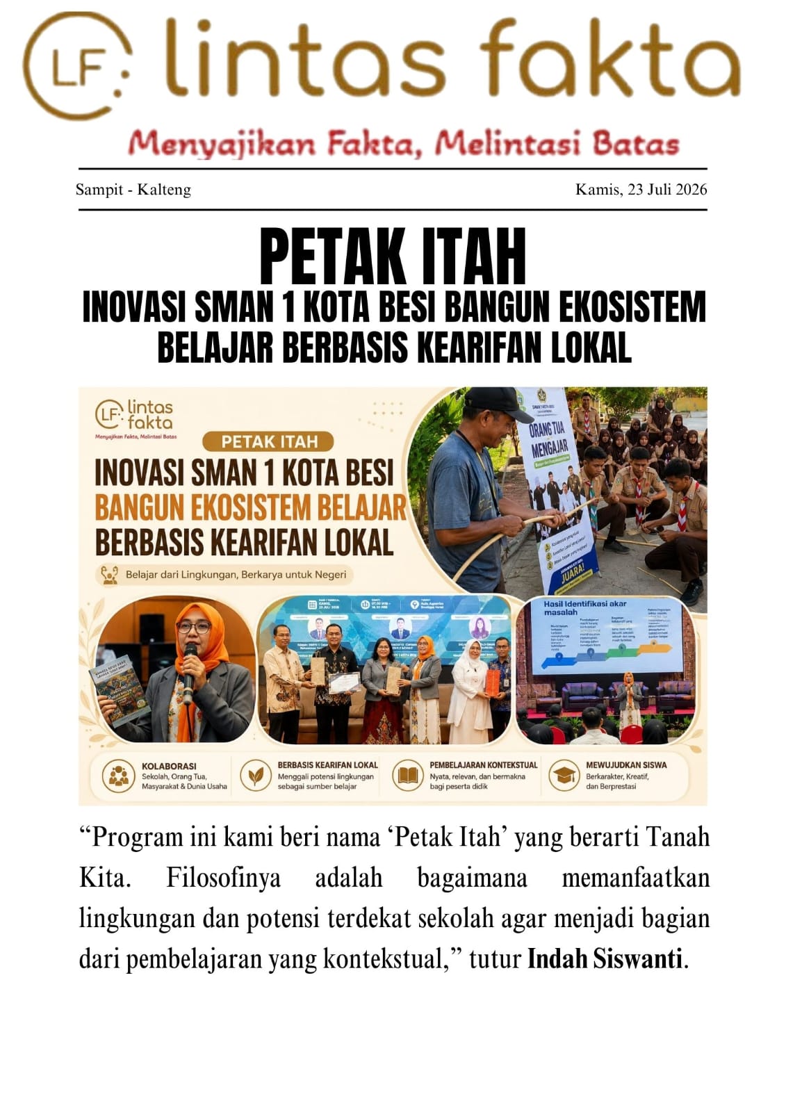 Petak Itah, Inovasi SMAN 1 Kota Besi Bangun Ekosistem Belajar Berbasis Kearifan Lokal